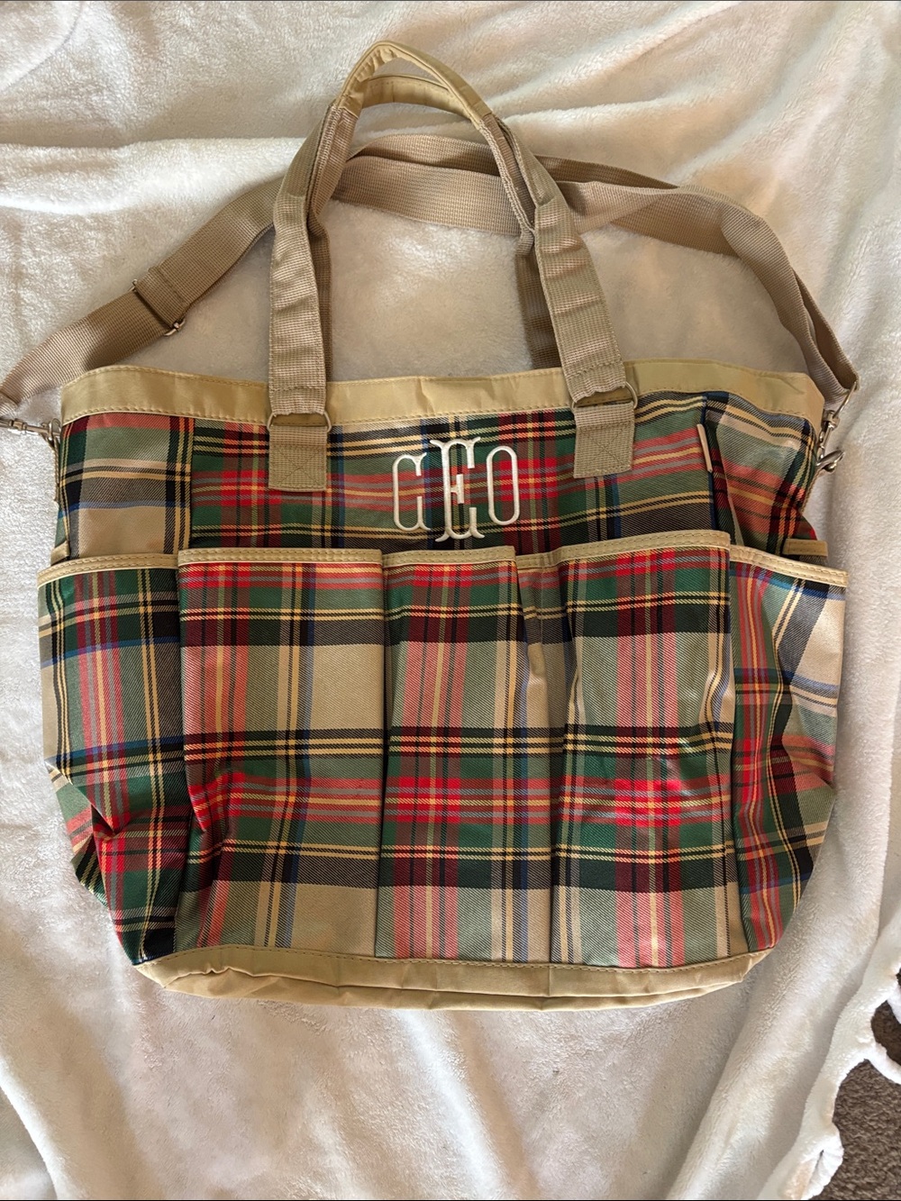 Personalized Tan Plaid Tote Bag with Monogram - CHO